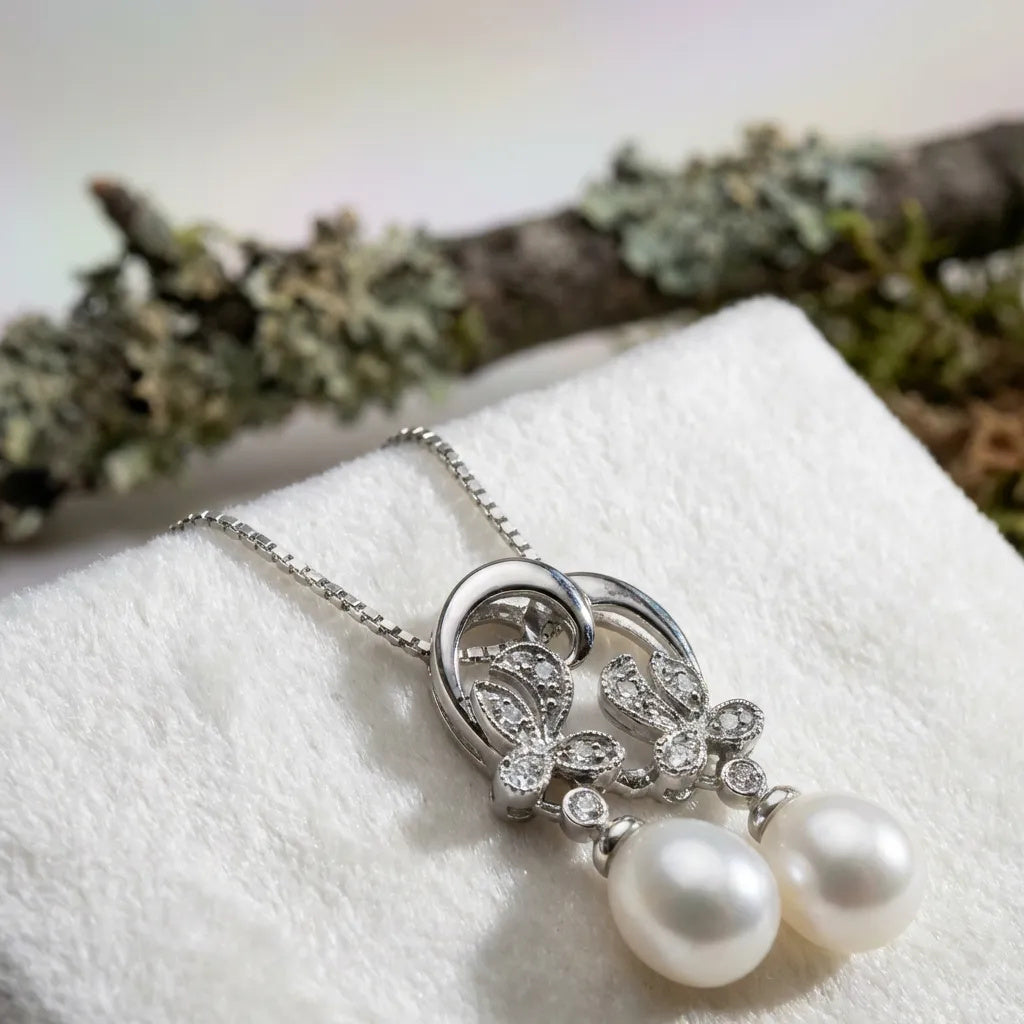 Dangling pearls and CZ with 925 sterling silver. Earrings and pendant set
