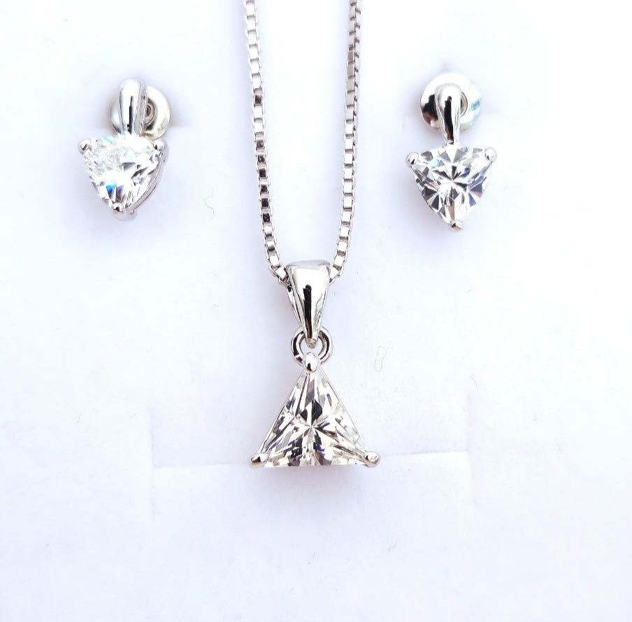 925 Sterling silver earrings and pendant set with trillion cut stone in 3 prong setting