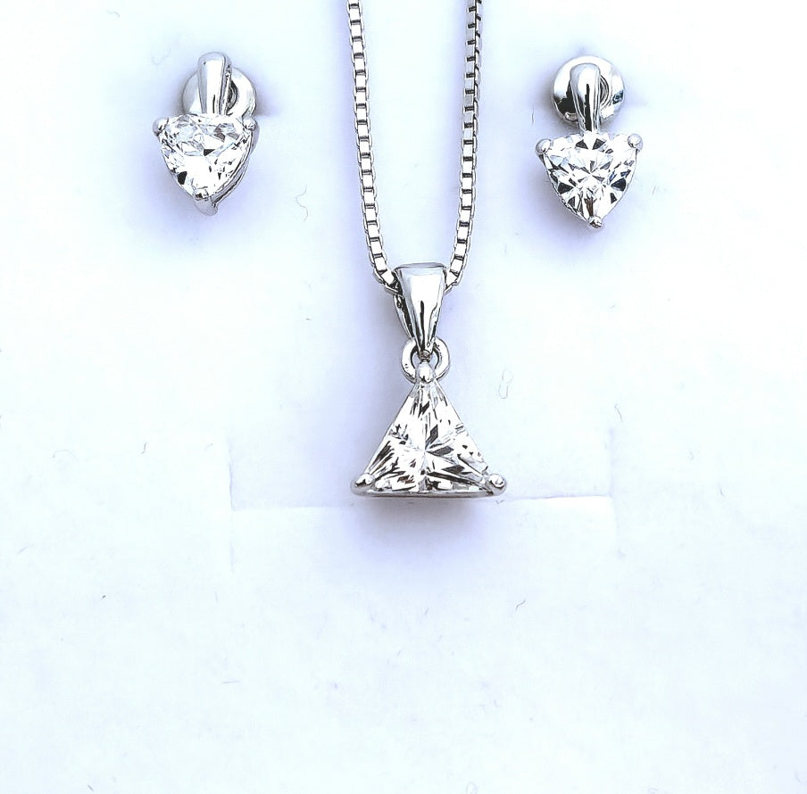 925 Sterling silver earrings and pendant set with trillion cut stone in 3 prong setting