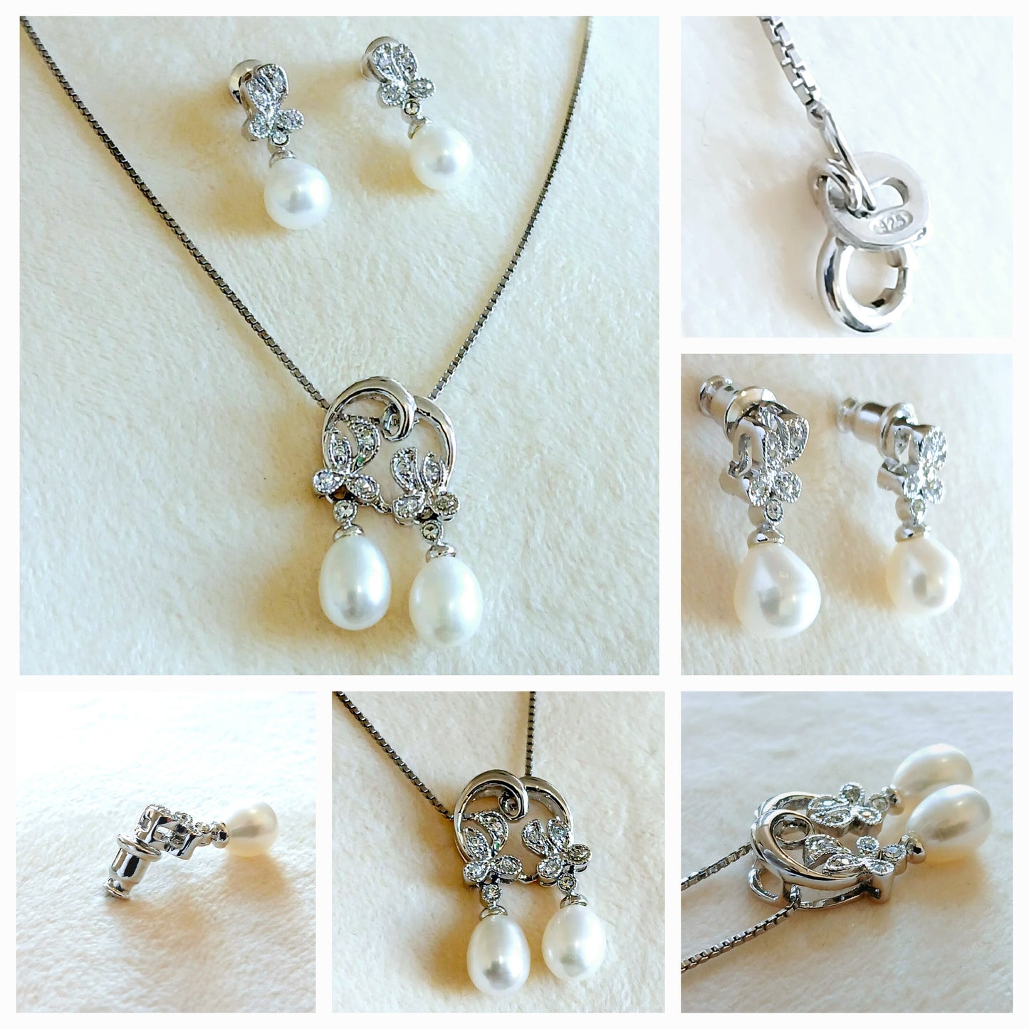 Dangling pearls and CZ with 925 sterling silver. Earrings and pendant set